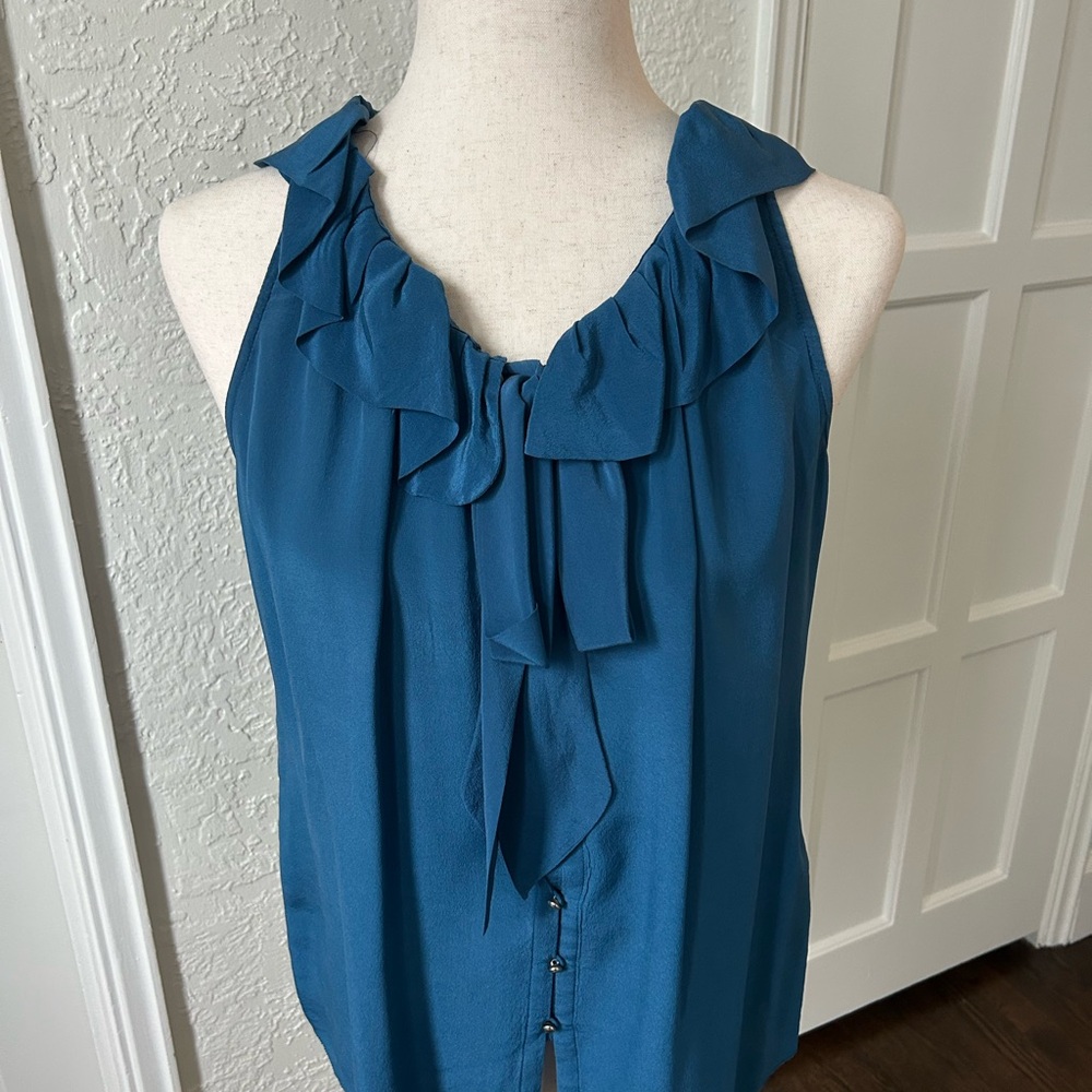 Banana Republic Silk Teal Blue Ruffled Tie-Neck Sleeveless Blouse
